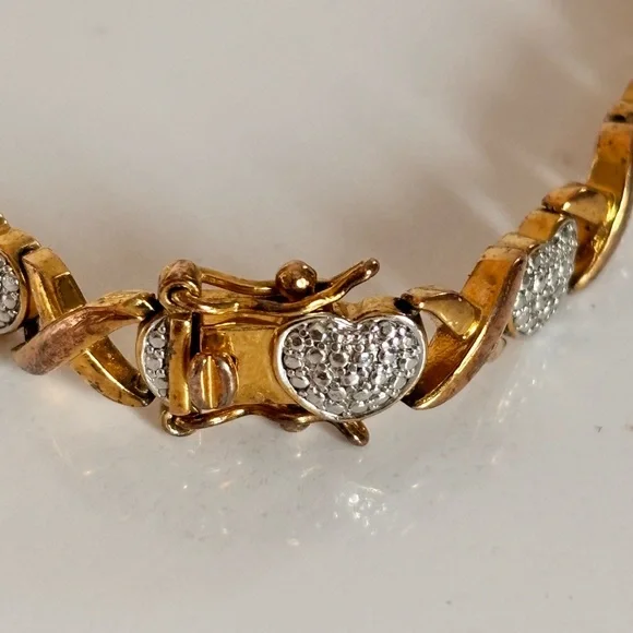 PAJ BR Gold & Silver  Tone Heart Tennis Charm Bracelet Metal Box Clasp - Picture 4 of 9